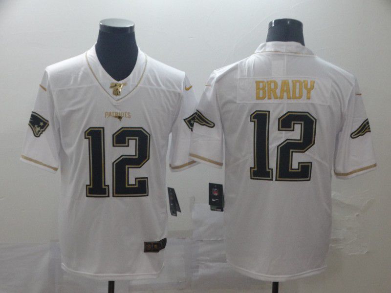 Men New England Patriots 12 Brady White Retro gold character Nike NFL Jerseys